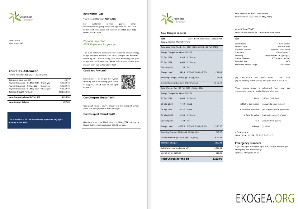 Uk Green star energy energy utility bill word and pdf, formats 3 template